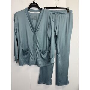 Live 2 Lounge Women's 3-Piece Cardigan and Pant Lounge Set Blue S Ribbed Stretch